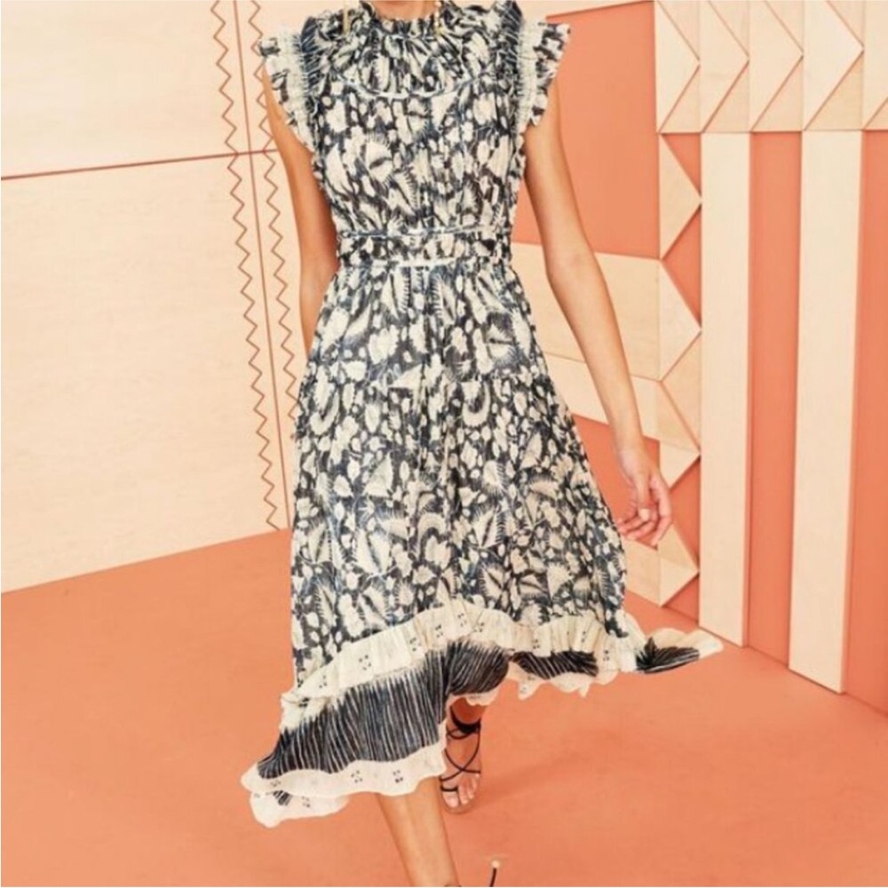Ulla Johnson‎ Amalia Dress Indigo Batik Print High Low Midi Dress Ruffle Size 10 - Picture 16 of 16